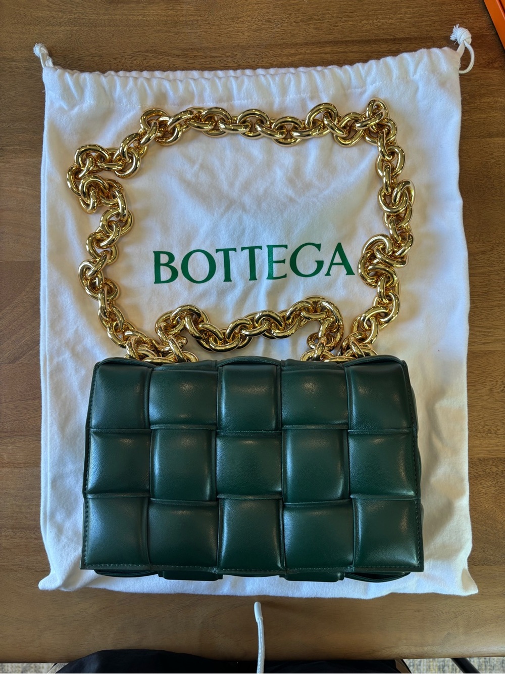 Bottega Veneta Dark Green Padded Cassette Shoulder Bag with Gold Chain - Picture 1 of 5